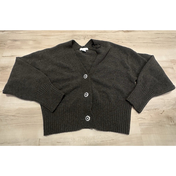 H&M Rhinestone Button Cardigan Boxy V neck Sweater Brown Gray Small Medium - Picture 2 of 7